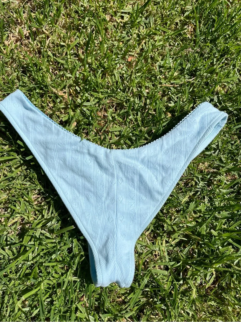 Frankie’s Bikinis Katarina Pointelle Bikini Bottom L Blue Scalloped Trim Cheeky